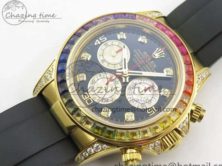 MiroTime 0124 Daytona 116589RBOW YG Rainbow Crystal BLF Best Edition Black Dial on Rubber Strap A EasyMatch 3238